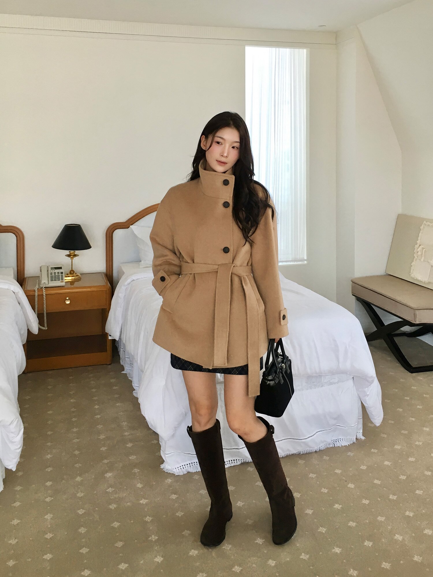 밸티드 하이넥 캐시미어 하프코트 (CAMEL)
