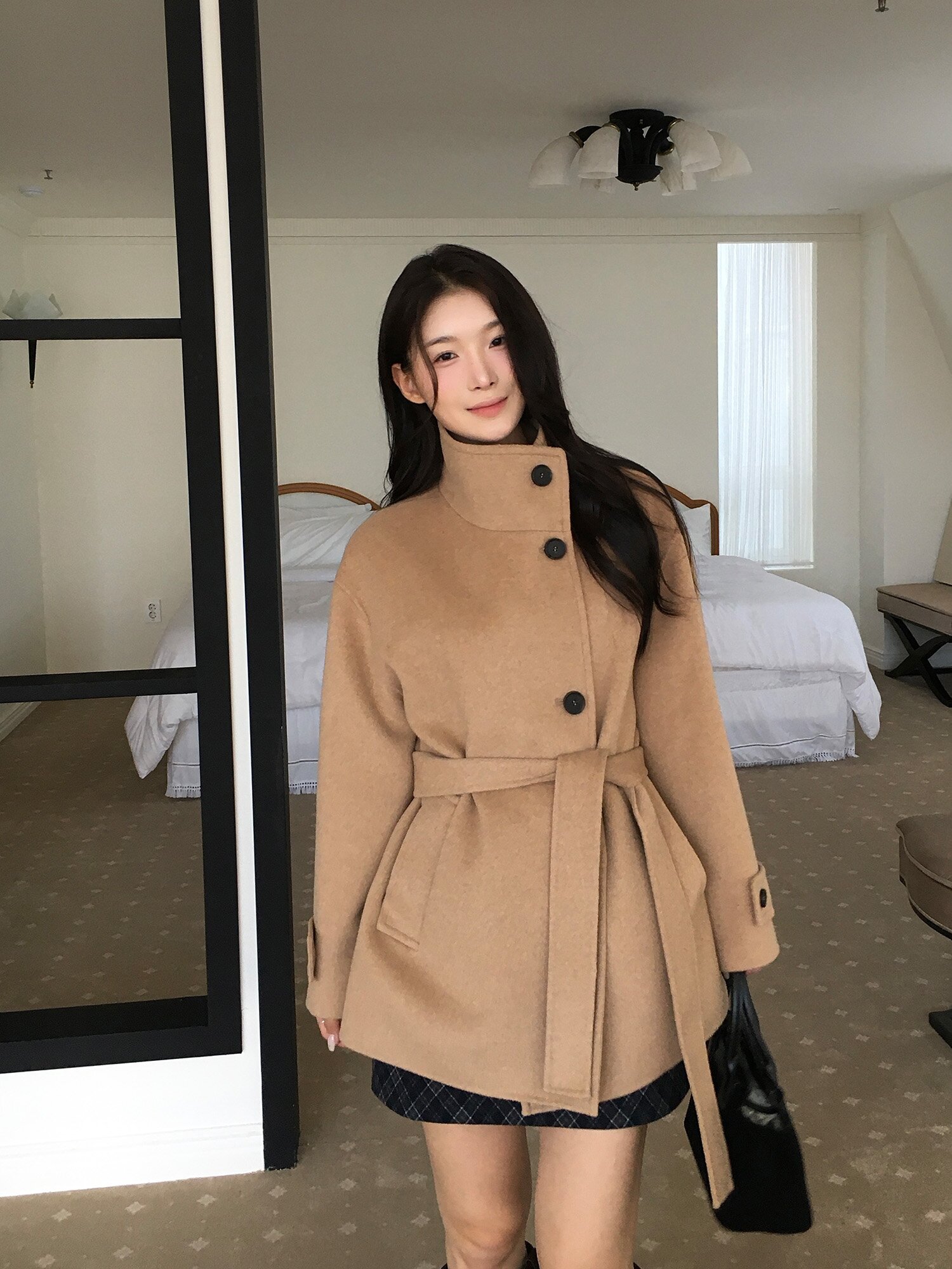 밸티드 하이넥 캐시미어 하프코트 (CAMEL)