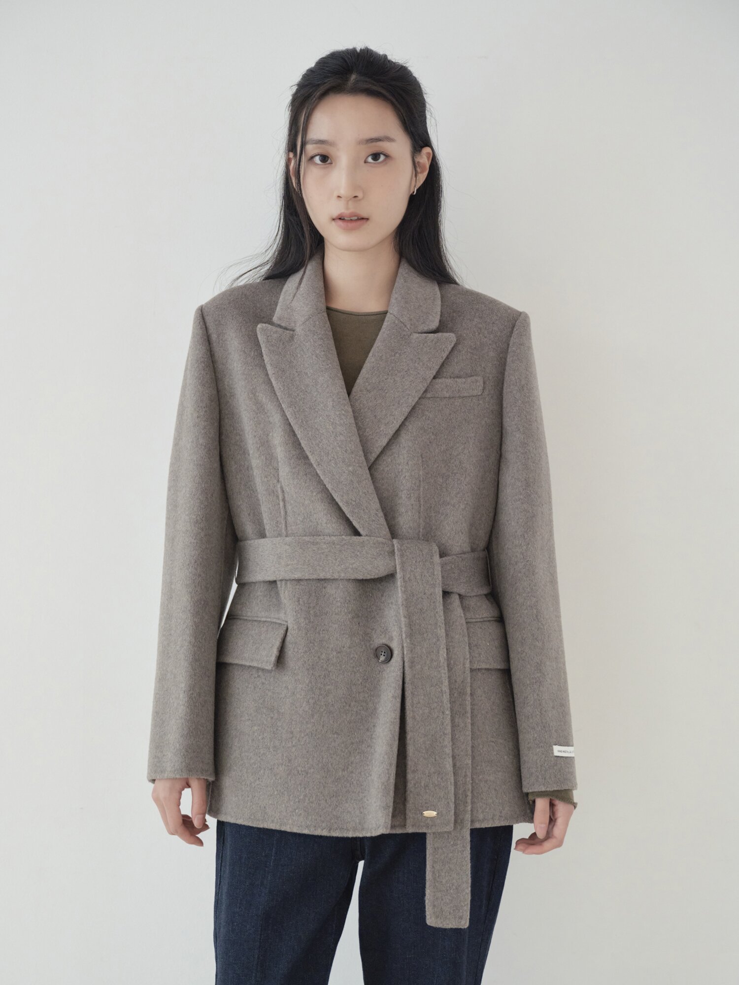 울 캐시미어 블렌드 핸드메이드 벨티드 하프 코트 (MELANGE BROWN)