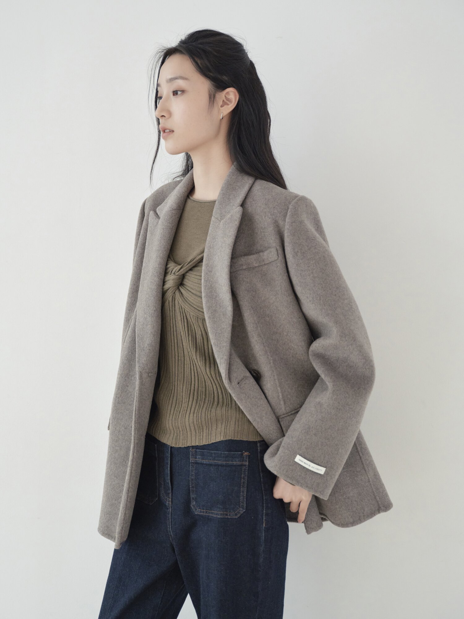 울 캐시미어 블렌드 핸드메이드 벨티드 하프 코트 (MELANGE BROWN)