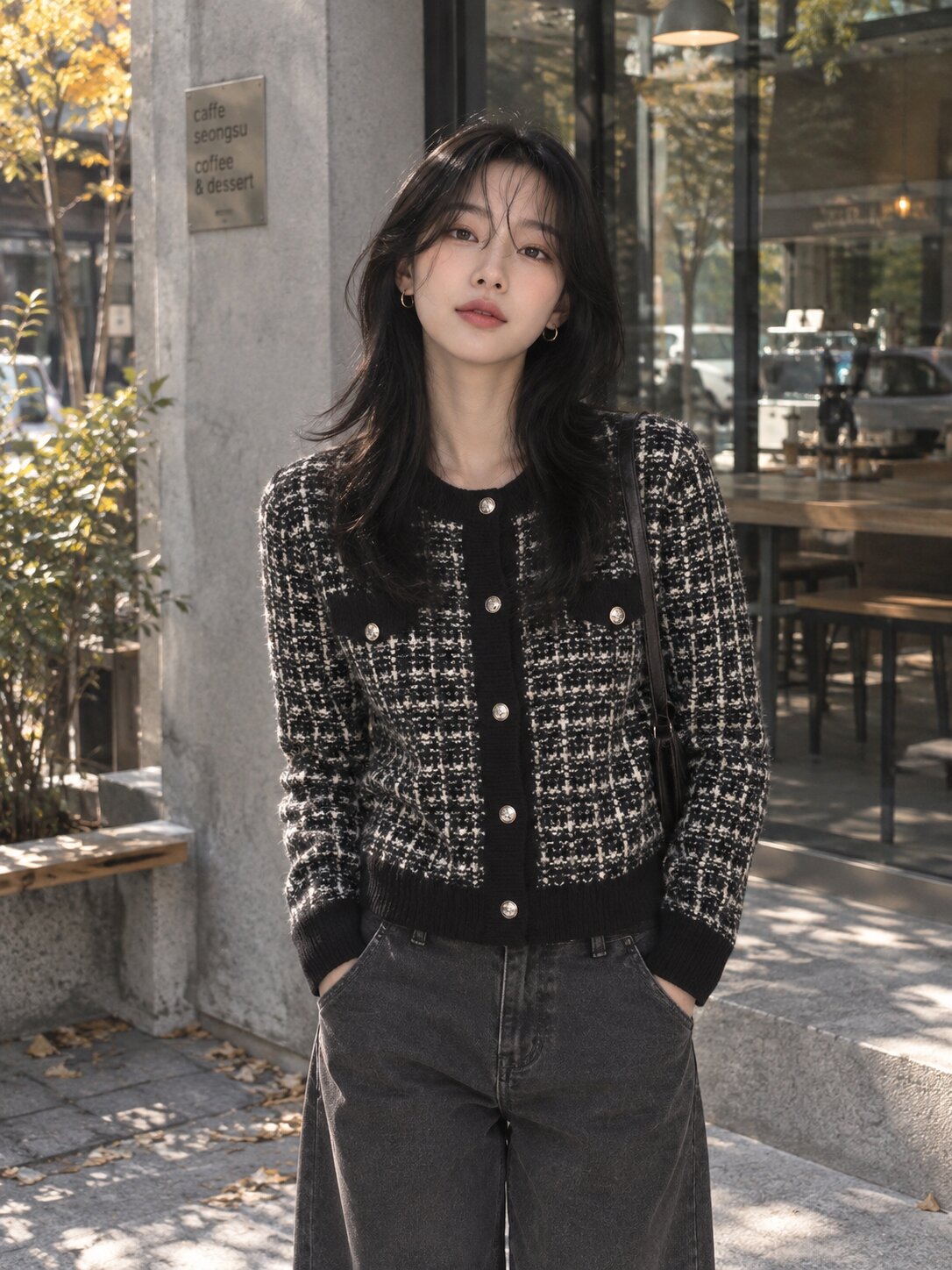 배색 라운드넥 트위드 가디건 (BLACK)