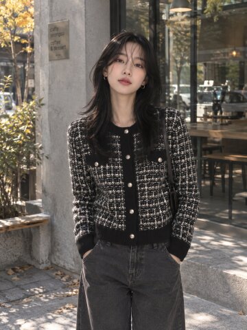 배색 라운드넥 트위드 가디건 
