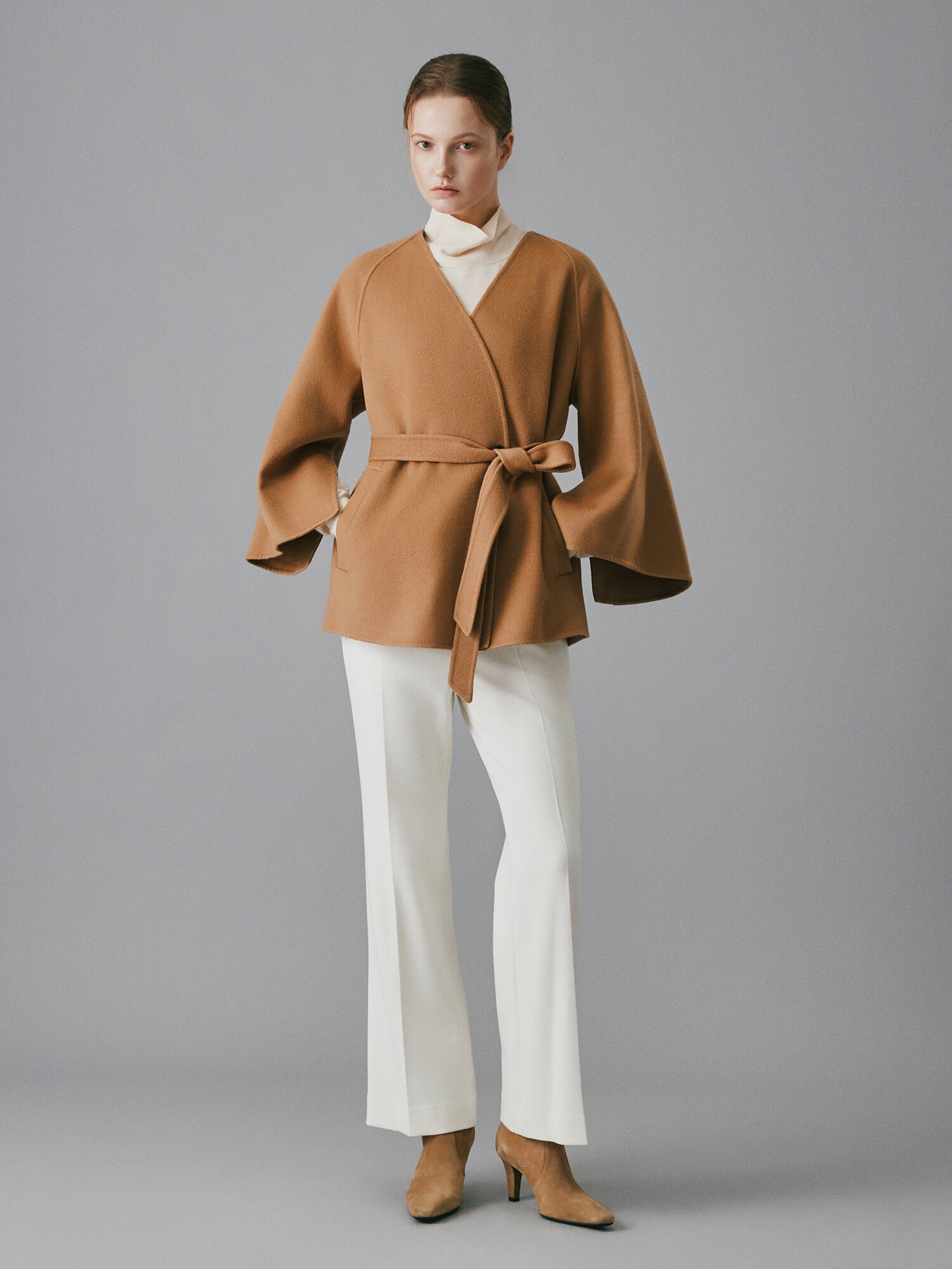 울 캐시미어 블렌드 노칼라 벨티드 자켓 (CAMEL)
