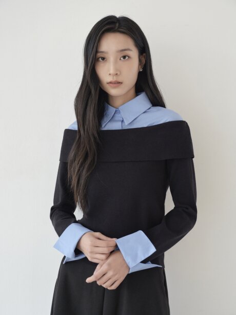 배색 레이어 칼라 셔츠 블라우스 