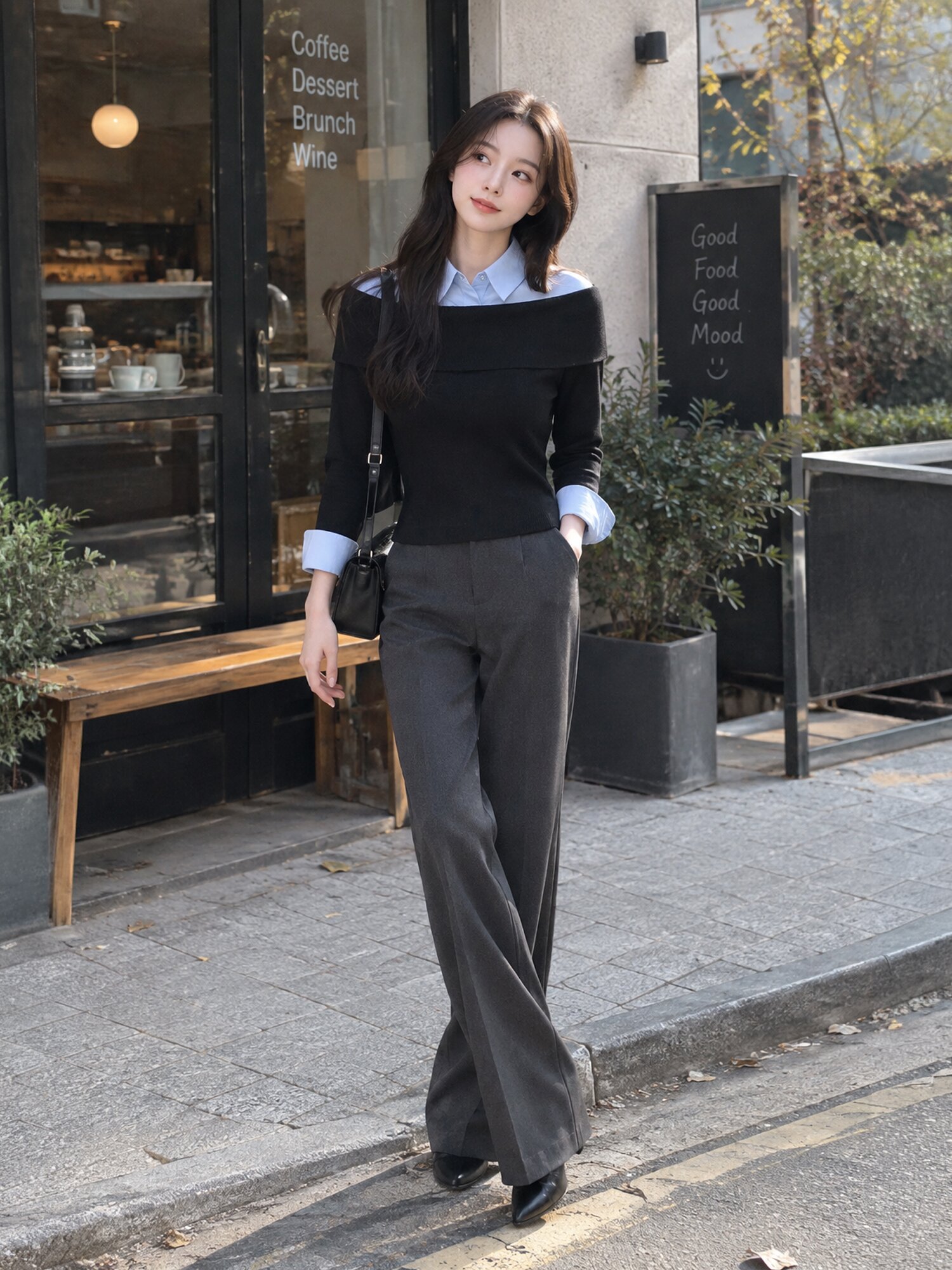 배색 레이어 칼라 셔츠 블라우스 (BLACK)