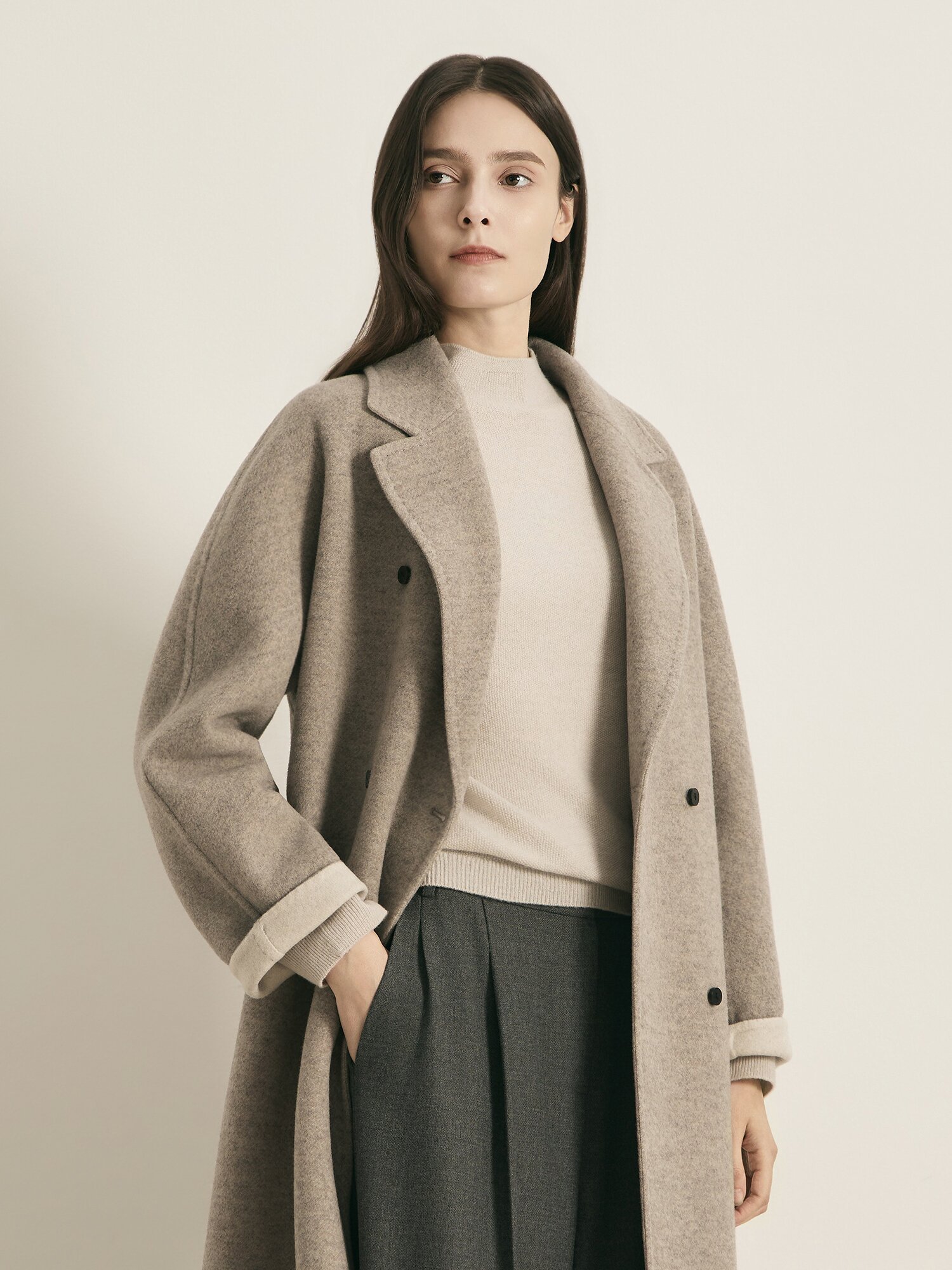 캐시미어 더블 롱 코트 (TAUPE BEIGE)