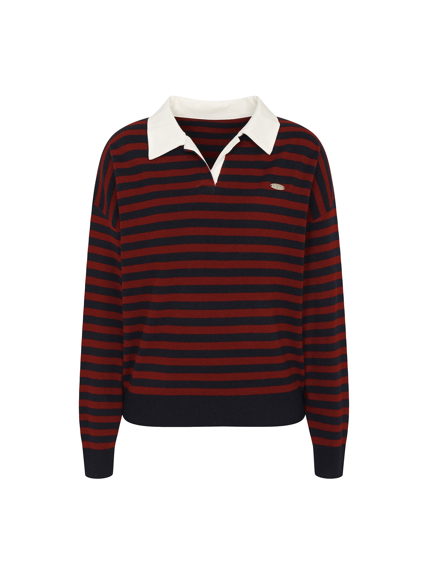 배색 오픈 칼라 스트라이프 풀오버 니트 (STRIPE RED)