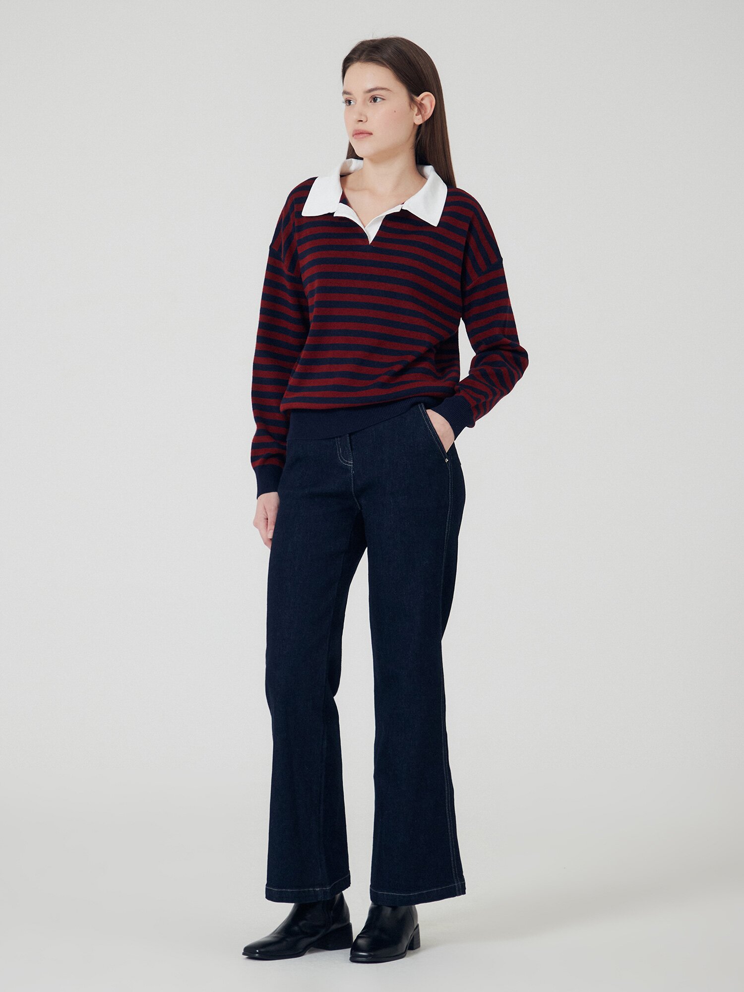 배색 오픈 칼라 스트라이프 풀오버 니트 (STRIPE RED)