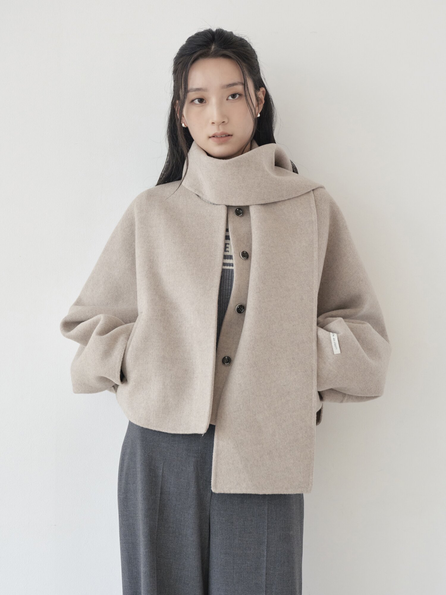 울 핸드메이드 머플러 크롭 코트 (MELANGE BEIGE)