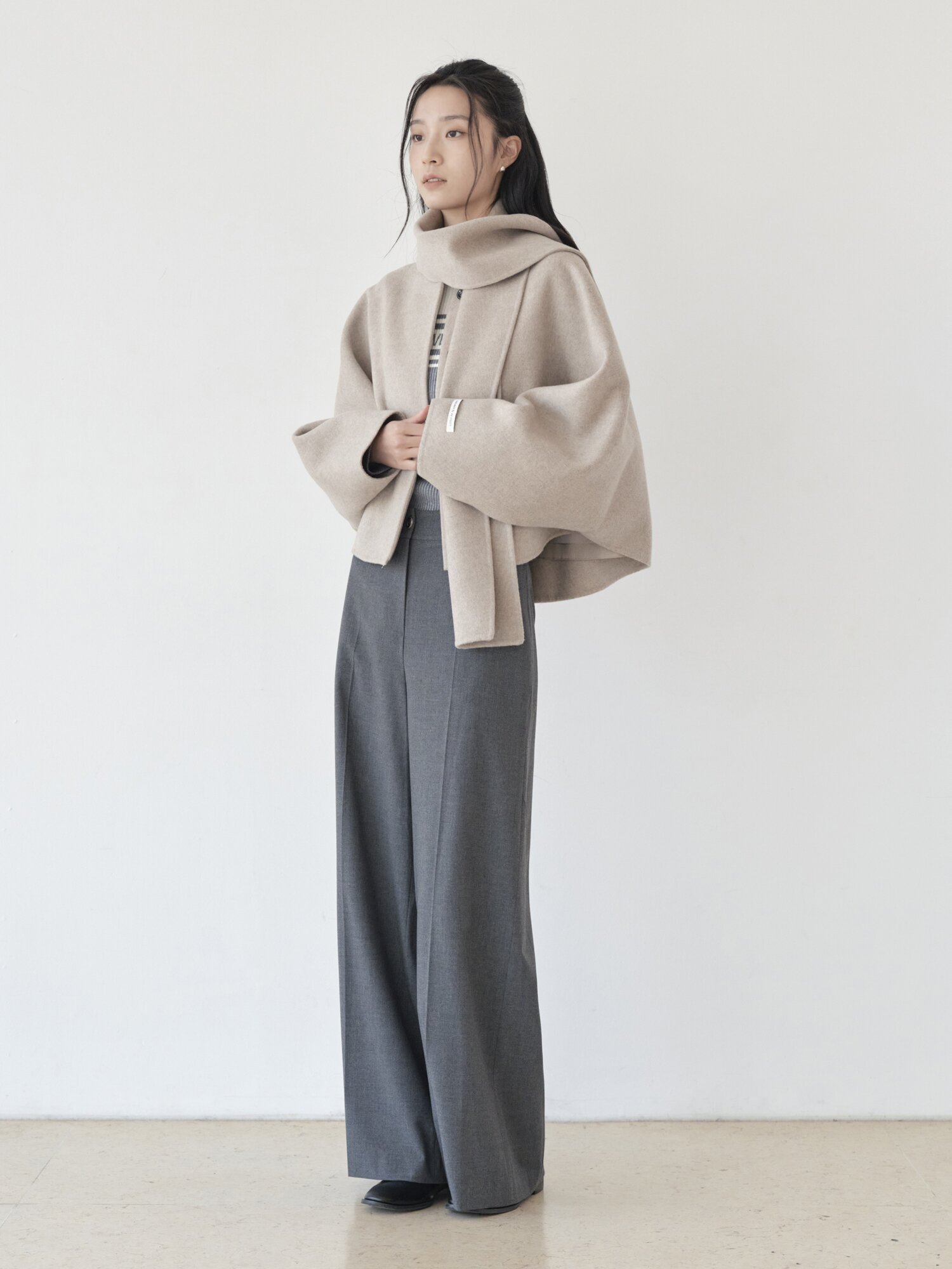 울 핸드메이드 머플러 크롭 코트 (MELANGE BEIGE)