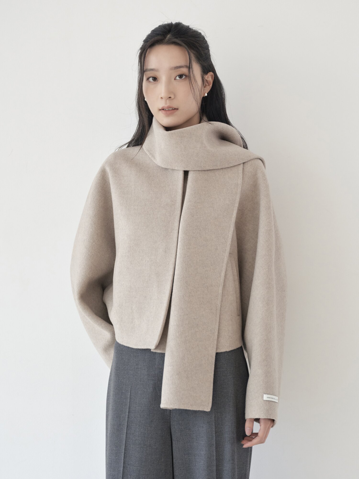 울 핸드메이드 머플러 크롭 코트 (MELANGE BEIGE)