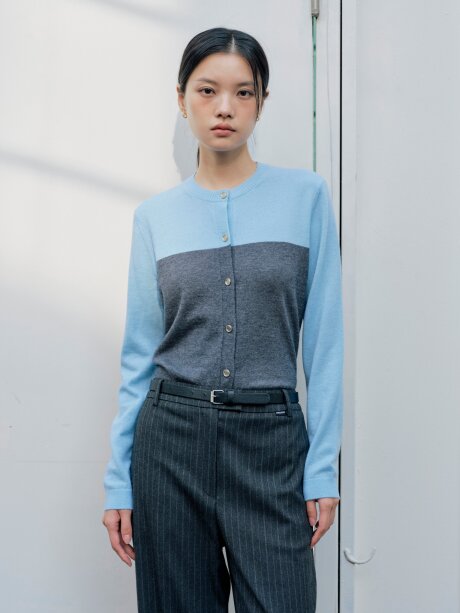 울 배색 라운드넥 카디건 