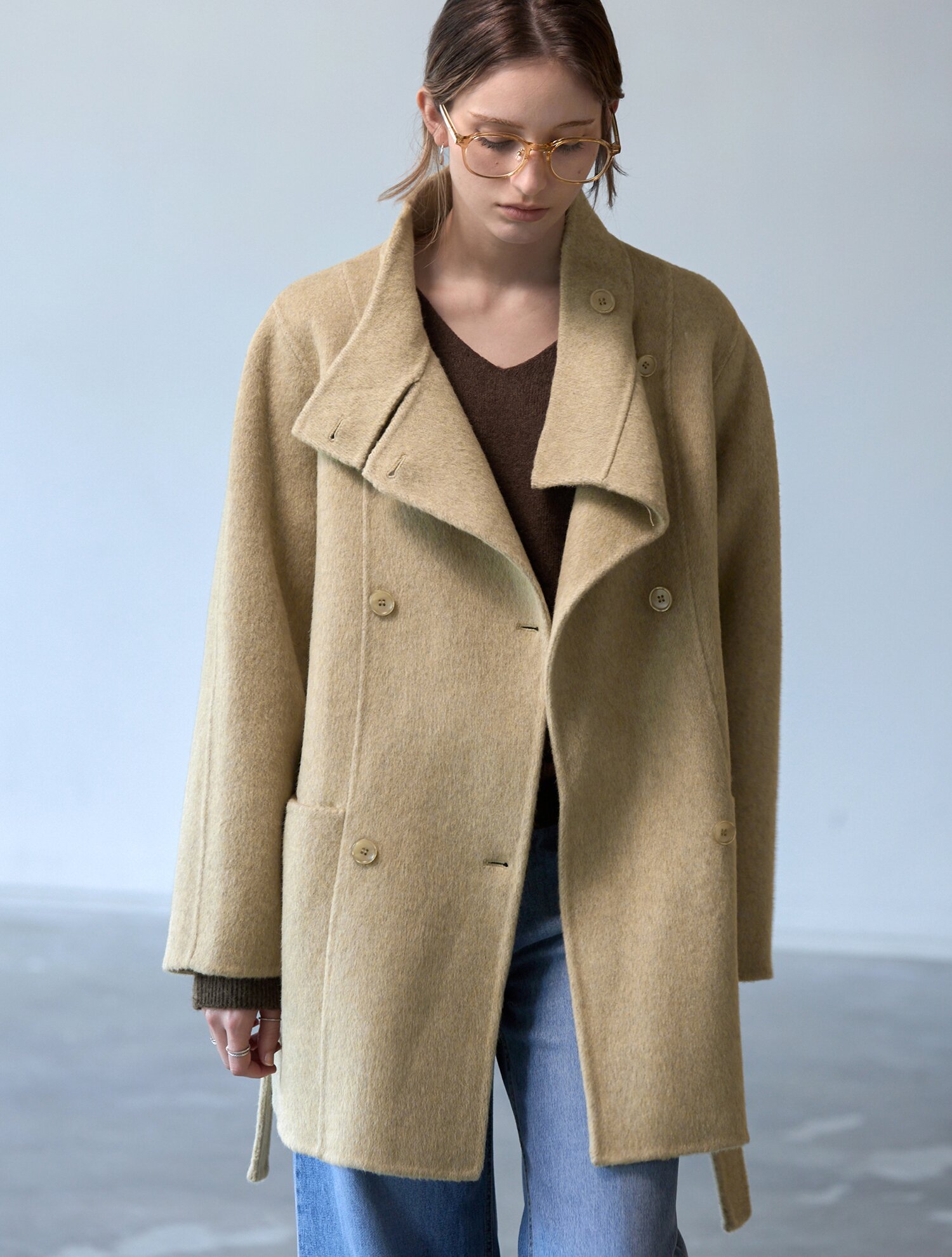 하이넥 더블 핸드메이드 하프코트 BEIGE