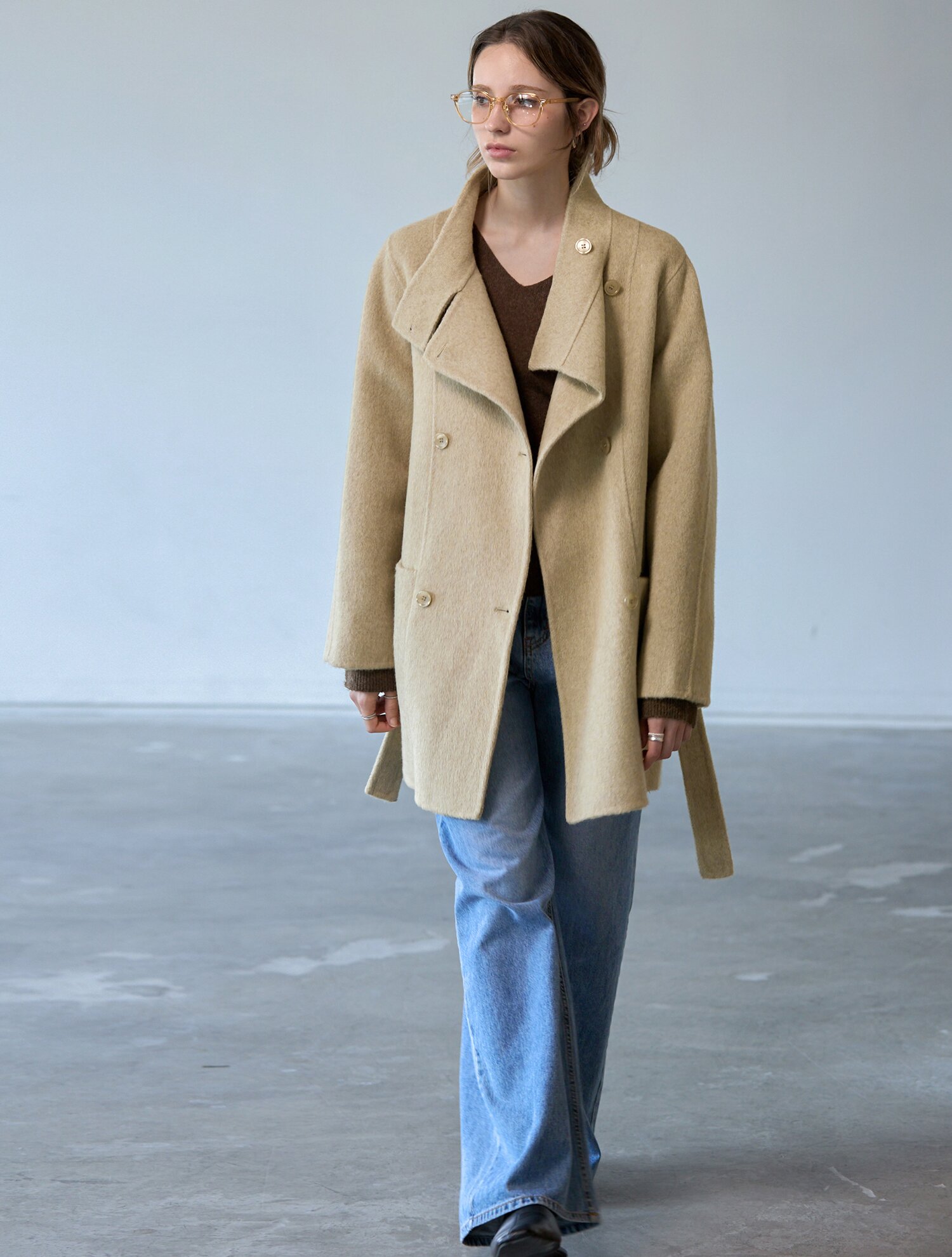하이넥 더블 핸드메이드 하프코트 BEIGE