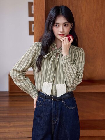LS_Ribbon bow striped blouse