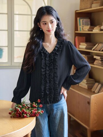 LS_V-neck ruffled chiffon blouse