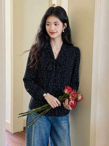 LS_Black polka dot chiffon blouse