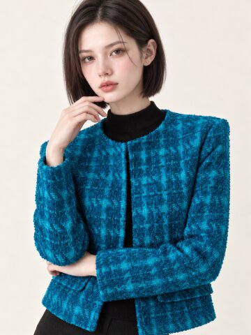 트위드 라운드넥 노카라 크롭 자켓