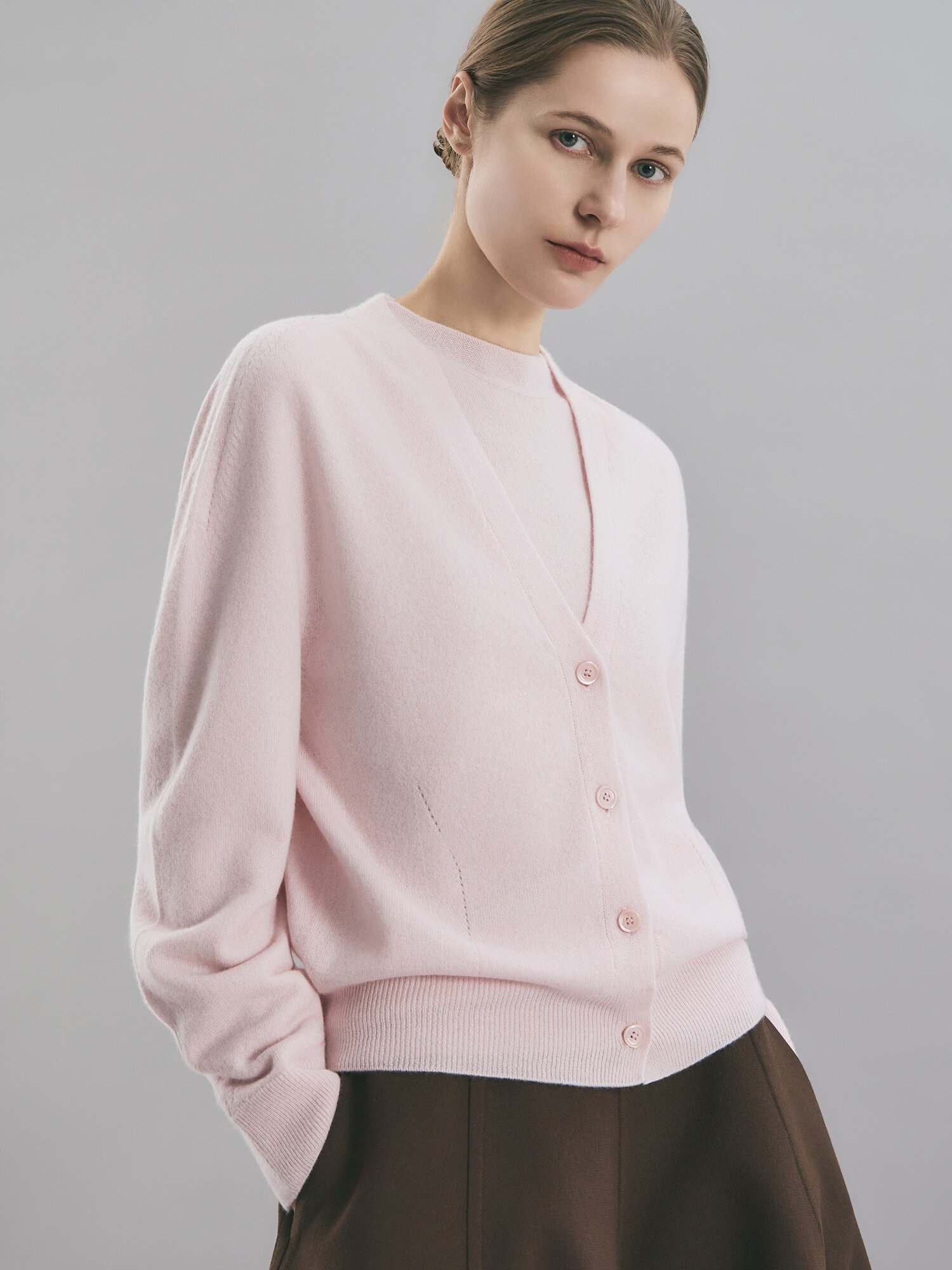 홀가먼트 캐시미어 브이넥 가디건 (LIGHT PINK)