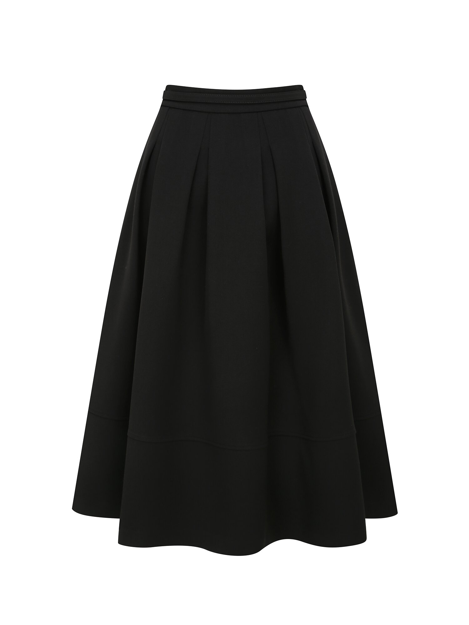 벨티드 턱 플리츠 플레어 롱 스커트 (BLACK)