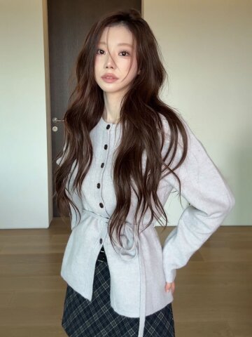 라운드넥 버튼 벨티드 가디건 