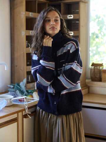 Pointelle Stripe Cardigan Navy