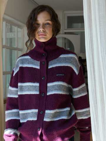 Pointelle Stripe Cardigan Burgundy