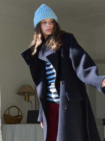 Wool Belted Stand Collar Long Coat Navy