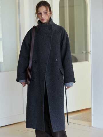 Wool Belted Stand Collar Long Coat Charcoal