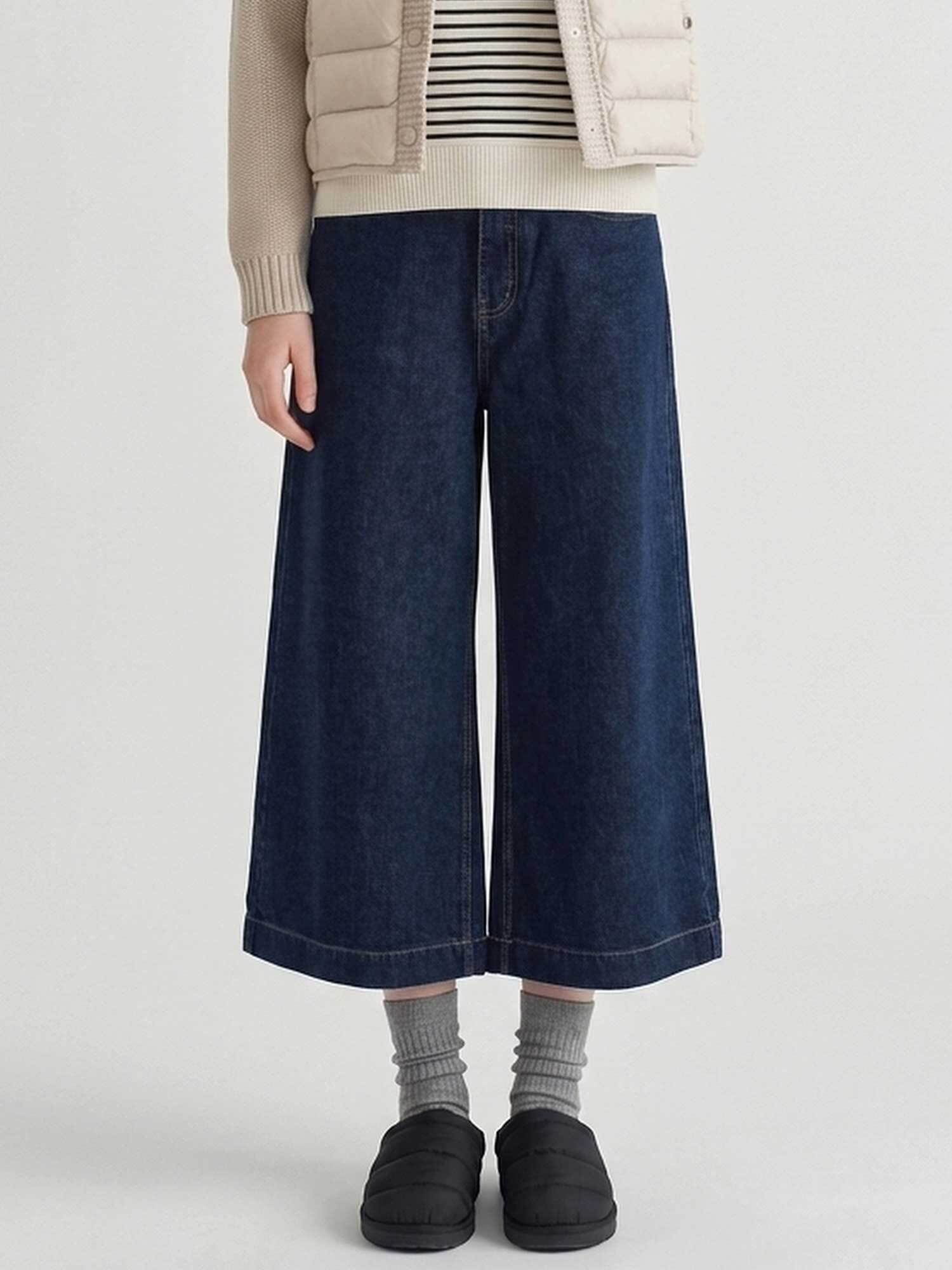 FLEECE-LINED BANDING CROPPED WIDE JEANS